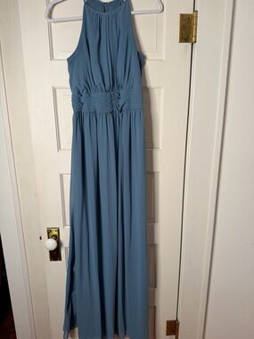 David’s Bridal Sleeveless Halter Maxi Dress in Dusty Blue